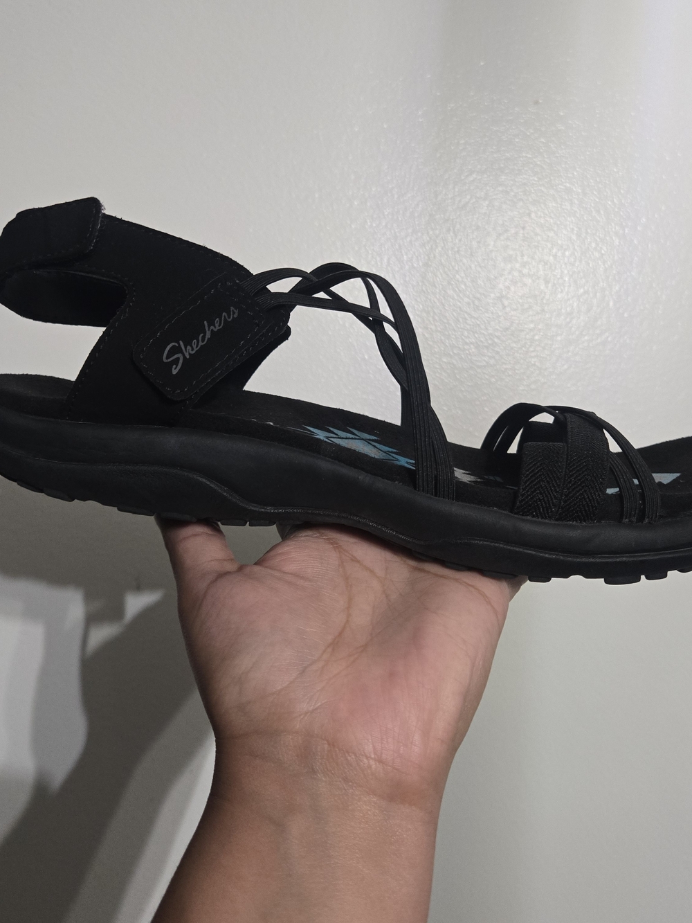Skechers Black Sandals with Blue Aztec Footbed - Picture 2 of 8